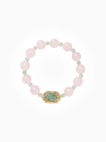 Blossom Harmony Crystal Bracelet - Pink & Green Strawberry Quartz Lily Charm