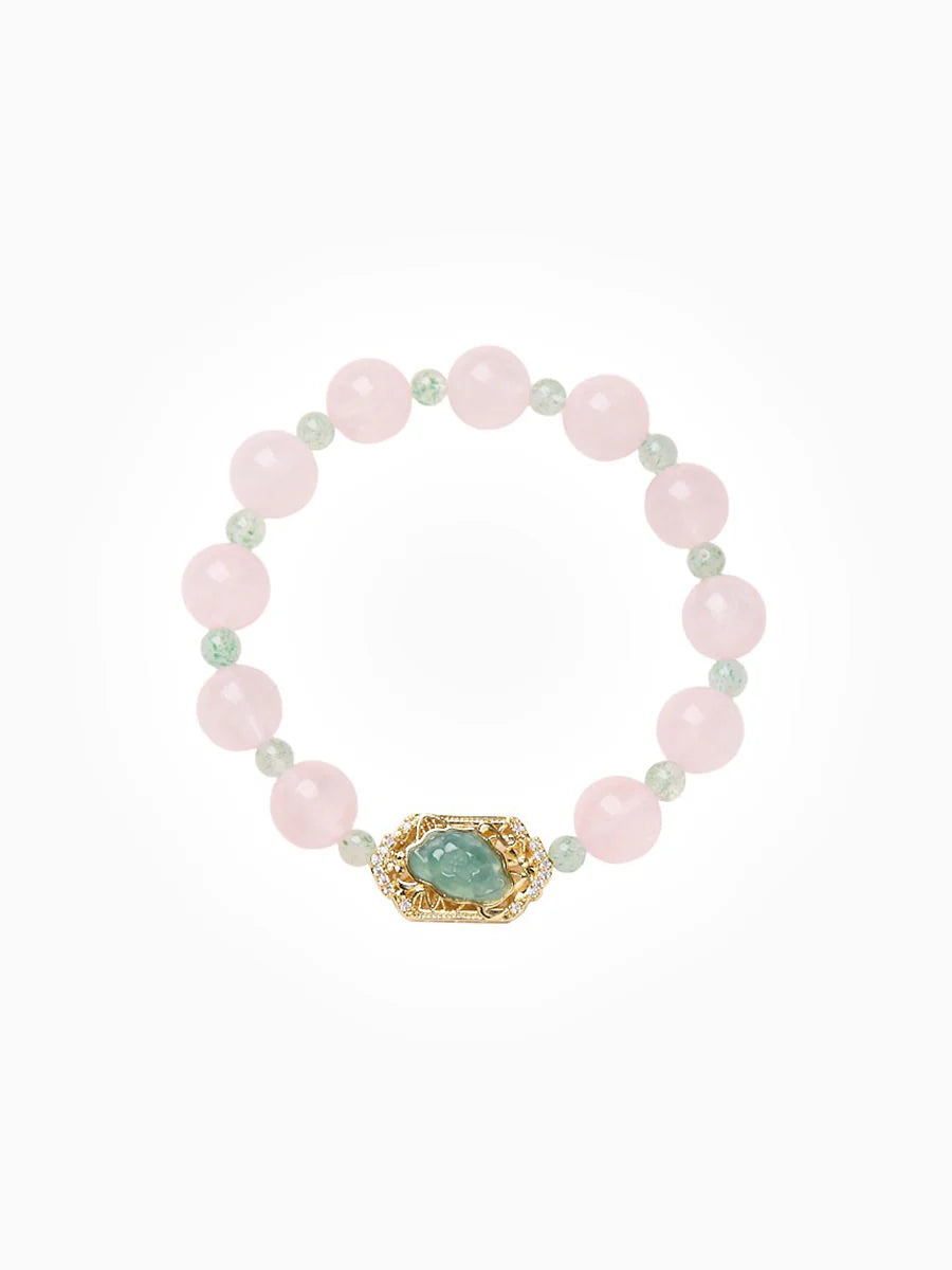Blossom Harmony Crystal Bracelet - Pink & Green Strawberry Quartz Lily Charm