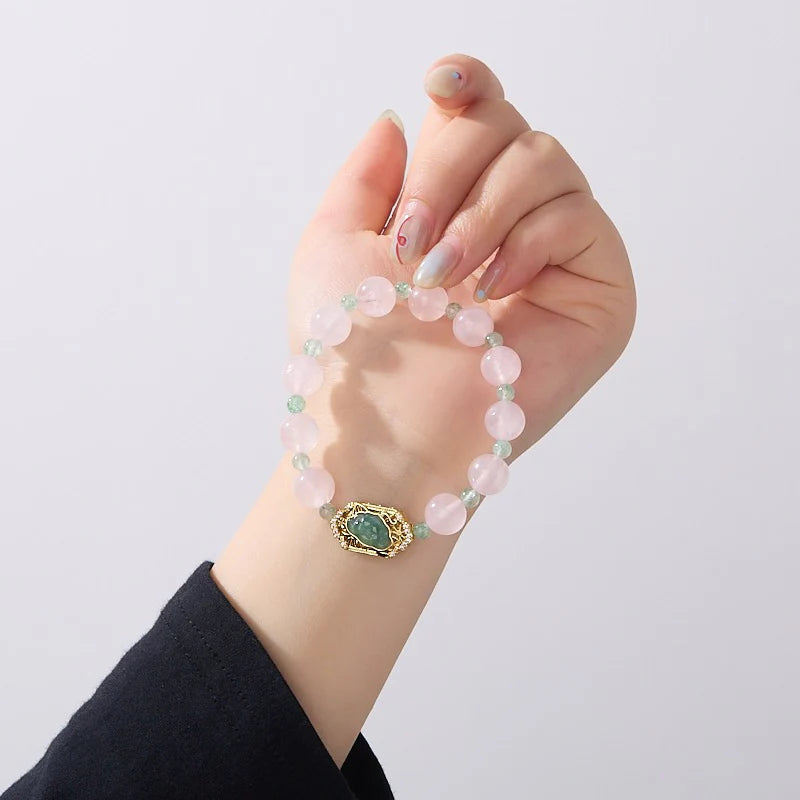 Blossom Harmony Crystal Bracelet - Pink & Green Strawberry Quartz Lily Charm