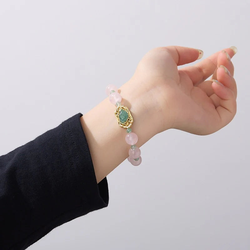 Blossom Harmony Crystal Bracelet - Pink & Green Strawberry Quartz Lily Charm
