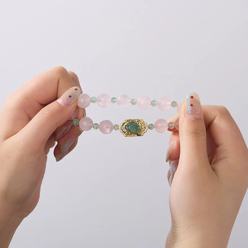 Blossom Harmony Crystal Bracelet - Pink & Green Strawberry Quartz Lily Charm