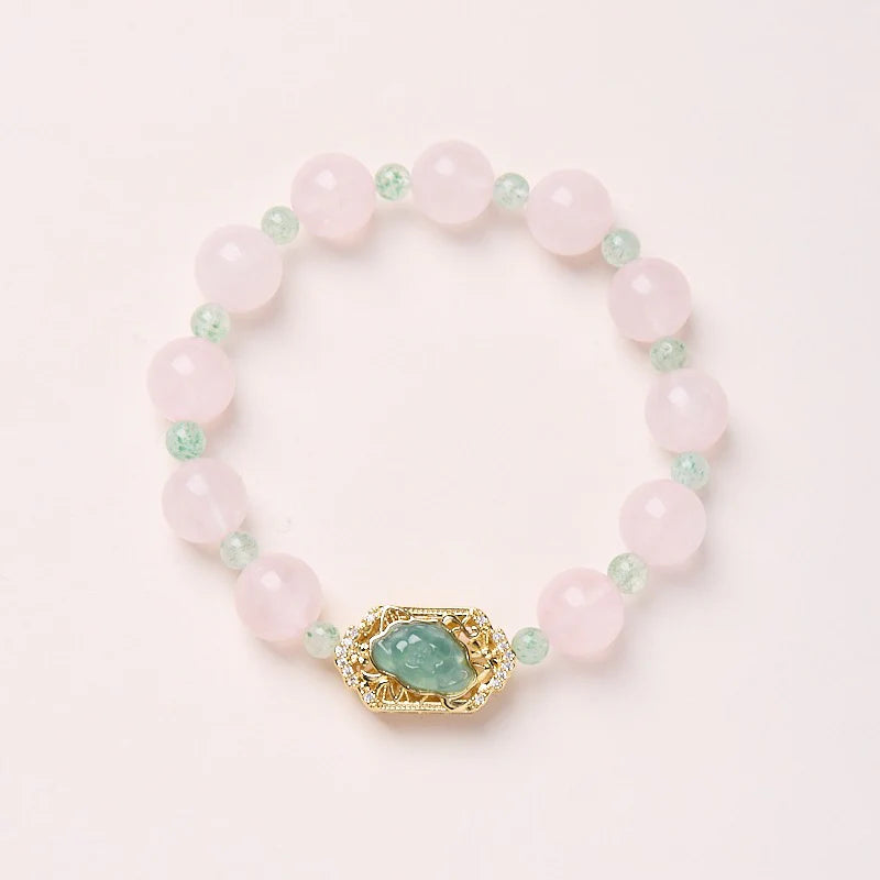 Blossom Harmony Crystal Bracelet - Pink & Green Strawberry Quartz Lily Charm